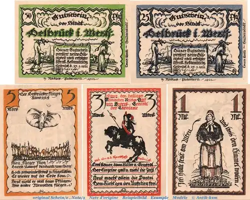 Notgeld Stadt Delbrück 261.1 , Set mit 5 Scheinen in kfr. von 1921 , Westfalen Seriennotgeld