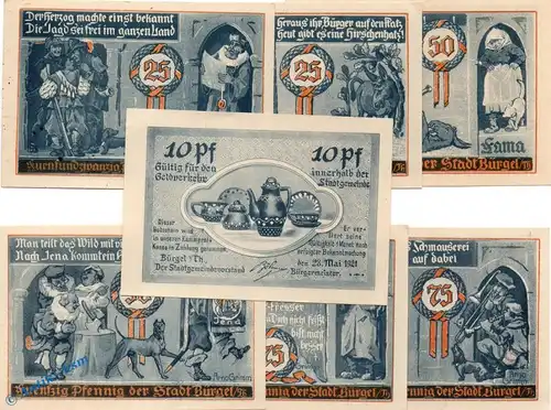 Notgeld Bürgel , Set mit 7 Scheinen in kfr. Mehl Grabowski 201.1 , von 1921  , Thüringen Seriennotgeld