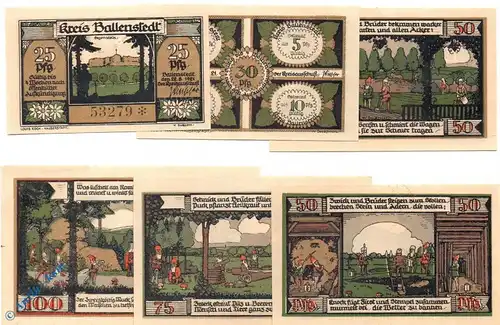 Notgeld Ballenstedt , Set mit 6 Scheinen in kfr. Mehl Grabowski 60.1 , von 1921 , Sachsen Anhalt Seriennotgeld