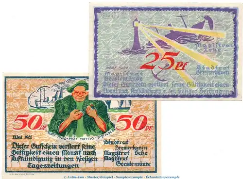 Notgeld Stadt Bremerhaven 184.1 , Set mit 2 Scheinen in kfr. von 1921 , Niedersachsen Seriennotgeld