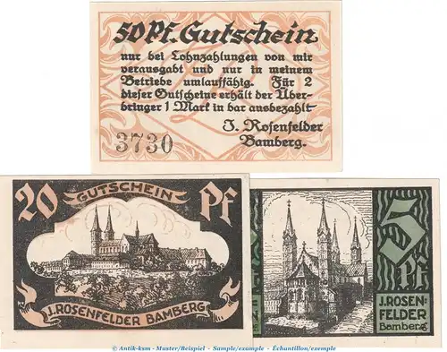 Notgeld J.Rosenfelder Bamberg 62.1.b , Set mit 3 Scheinen in kfr. o.D. Bayern Seriennotgeld