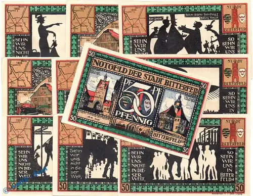 Notgeld Bitterfeld , Set mit 10 x  50 Pfennig Scheinen in kfr. Mehl Grabowski 111.1 , von 1921 , Sachsen Anhalt Seriennotgeld