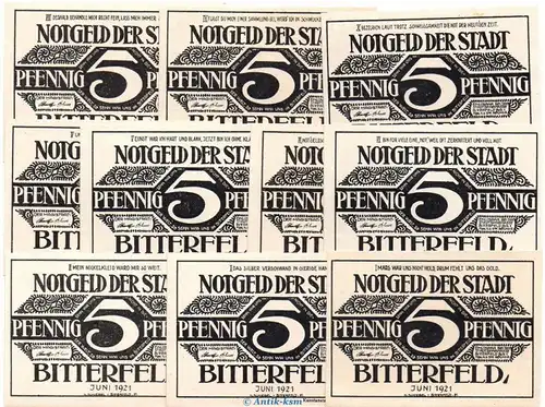 Notgeld Bitterfeld , vollständiger Satz 5 Pfennig mit 10 Scheinen , Seriennotgeld , Sachsen Anhalt , Mehl Grabowski 111.1 , von 1921