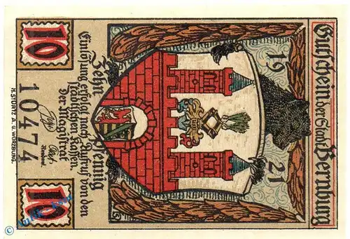 Notgeld Bernburg , 10 Pfennig Schein in kfr. 1. Aufl. Mehl Grabowski 95.1.a , von 1921 , Sachsen Anhalt Seriennotgeld
