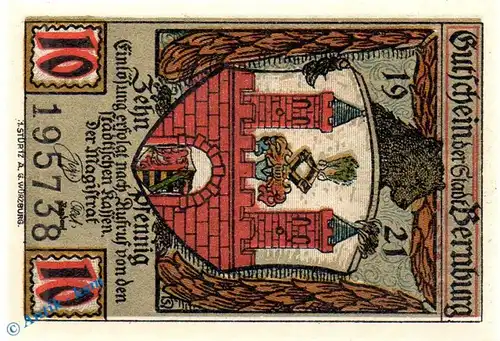Notgeld Bernburg , 10 Pfennig Schein 2. Aufl. in kfr. Mehl Grabowski 95.1.b , von 1921 , Sachsen Anhalt Seriennotgeld