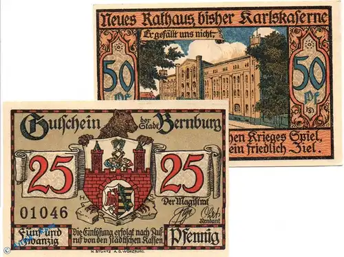 Notgeld Bernburg , Set mit 2 Scheinen 1. Aufl. in kfr. Mehl Grabowski 95.2.a , Sachsen Anhalt Seriennotgeld