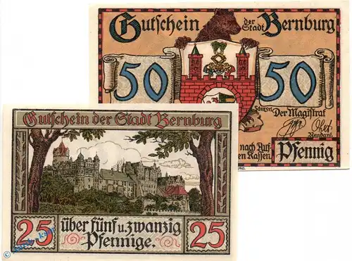 Notgeld Bernburg , Set mit 2 Scheinen 2. Aufl. in kfr. Mehl Grabowski 95.2.b , Sachsen Anhalt Seriennotgeld