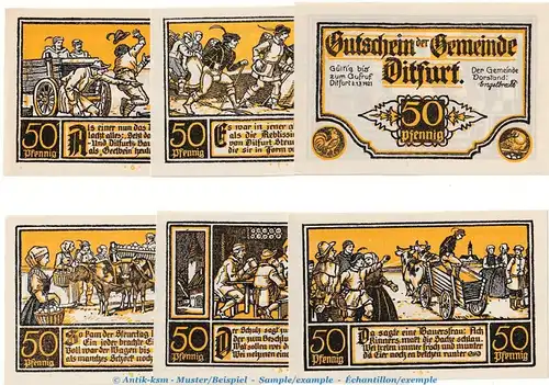 Notgeld Gemeinde Ditfurt 275.2 , Set mit 6 Scheinen -gelb- in kfr. von 1921 , Sachsen Anhalt Seriennotgeld