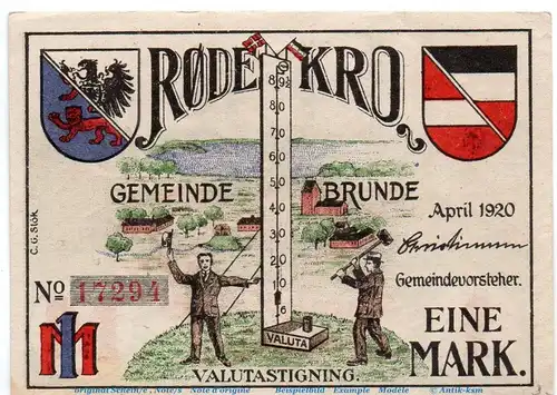 Notgeld Gemeinde Brunde - Rothenkrug 193.1 , 1 Mark Schein in kfr. von 1920 , Dänisch Nordschleswig Seriennotgeld