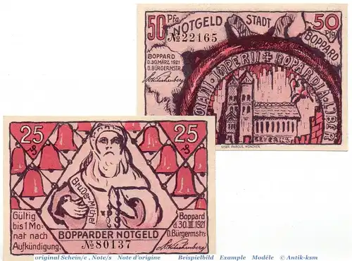 Notgeld Boppard , Set mit 2 Scheinen in kfr. Mehl Grabowski 142.2 , von 1921 , Rheinland Pfalz Seriennotgeld