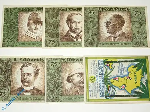 Notgeld Kolonialpioniere Berlin 88.7 , Set -weiß & glatt- mit 6 Scheinen in kfr. von 1921 , Brandenburg Seriennotgeld