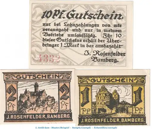 Notgeld J.Rosenfelder Bamberg 62.1.a , Set mit 3 Scheinen in kfr. o.D. Bayern Seriennotgeld