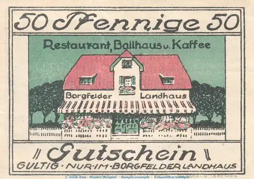 Notgeld Landhaus Borgfelder Bremen 161.1 , 50 Pfennig Schein in f-kfr , Bremen Seriennotgeld
