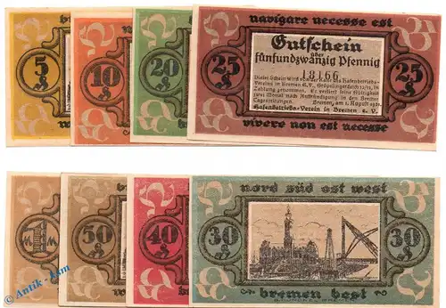 Notgeld Bremen , Hafenbetriebsverein , Set mit 8 Scheinen in kfr. Mehl Grabowski 170.1 , von 1921 , Niedersachsen Seriennotgeld