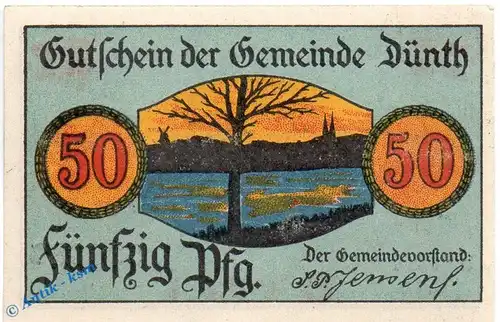 Dünth , Notgeld 50 Pfennig Schein in kfr. M-G 297.1.a-b , Schleswig Holstein von 1919 Seriennotgeld