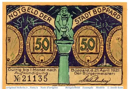 Notgeld Boppard , 50 Pfennig Schein in kfr. Mehl Grabowski 142.3 , von 1921 , Rheinland Seriennotgeld