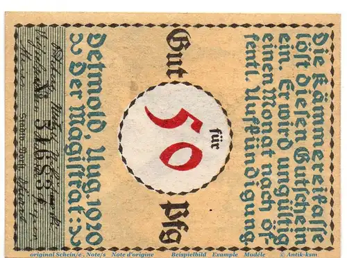 Notgeld Stadt Detmold 268.6 , 50 Pfennig , Wz Schuppen in kfr. von 1920 , Westfalen Seriennotgeld
