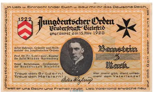 Notgeld Jungdeutscher Orden Baustein Bielefeld 101.1 , 5 Mark Schein in kfr. o.D. Westfalen Seriennotgeld