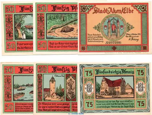 Notgeld Stadt Aken 8.2.a , Set mit 6 Scheinen Papier dünn in kfr. von 1921 , Sachsen Anhalt Seriennotgeld