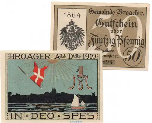 Notgeld Gemeinde Broacker 188.1 , Set mit 2 Scheinen in kfr. von 1919 , dänisch Nordschleswig Seriennotgeld