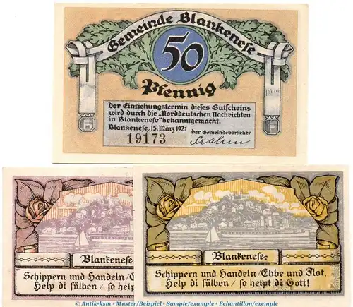 Notgeld Sparkasse Blankenese 115.2 , Set mit 3 Scheinen in kfr von 1921 , Schleswig Holstein Seriennotgeld