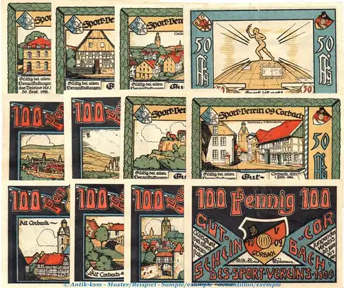 Notgeld Sportverein 09 Corbach 240.1 , Set mit 12 Scheinen in kfr. von 1922 , Hessen Seriennotgeld