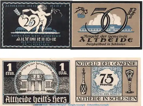 Notgeld Gemeinde Altheide 28.1 , Set -blau- mit 4 Scheinen in kfr. o.D. Schlesien Seriennotgeld