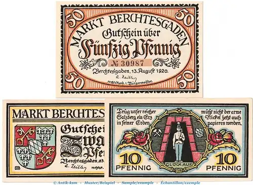 Notgeld Gemeinde Berchtesgaden 76... Set mit 3 Scheinen in kfr. von 1920 , Bayern Seriennotgeld