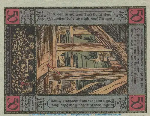 Notgeld Bergwart Artern 45.10 , 50 Pfennig -Papier grün- in kfr. von 1921 , Thüringen Seriennotgeld