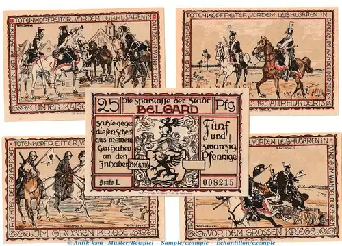 Notgeld Stadt Belgard 69.3 , Uniform Set braun mit 5 Scheinen in kfr. o.D. Pommern Seriennotgeld