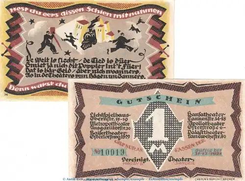 Notgeld vereinigte Theater Bremen 181.1 , Set mit 2 Scheinen in kfr. o.D. Bremen Seriennotgeld