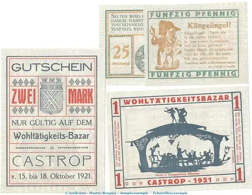 Notgeld Wohltätigkeits Bazar Castrop 224.1 , Set mit 4 Scheinen in kfr. von 1921 , Westfalen Seriennotgeld