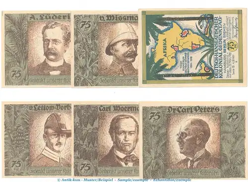 Notgeld Berlin Kolonialpioniere 88.4 , Set 6 -vertauschte Bilder- in kfr. von 1921 , Brandenburg Seriennotgeld