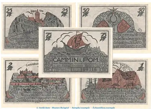 Notgeld Stadt Cammin 218.1.a , Set mit 5 Scheinen in kfr. von 1922 , Pommern Seriennotgeld