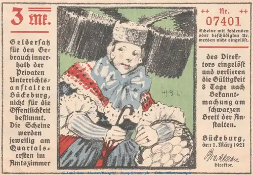 Notgeld Unterrichtsanstalten Bückeburg 199.1.b , 3 Mark Schein in kfr. von 1921 , Niedersachsen Seriennotgeld