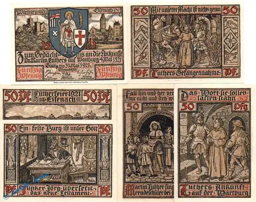 Notgeld Eisenach , Wartburgfeier , Set mit 6 Scheinen in kfr. Mehl Grabowski 320.2 a , von 1921 , Thüringen Seriennotgeld