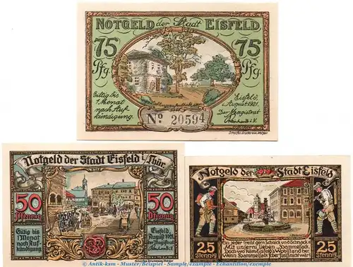 Notgeld Stadt Eisfeld 323.1 , Set mit 3 Scheinen in kfr. von 1921 , Thüringen Seriennotgeld