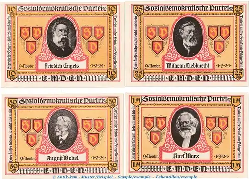 Notgeld SPD Werbewoche Emden 336.1 , Set mit 4 Scheinen in kfr. von 1921 , Niedersachsen Seriennotgeld 