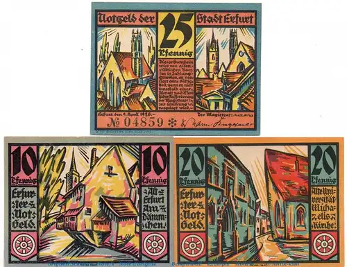 Notgeld Stadt Erfurt 344.6 , Set mit 3 Scheinen in kfr. von 1920 , Thüringen Seriennotgeld