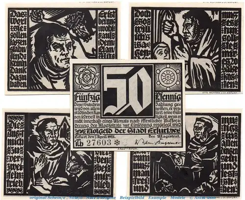 Notgeld Stadt Erfurt 344.2 , Set mit 5 Scheinen in kfr. von 1921 , Thüringen Seriennotgeld