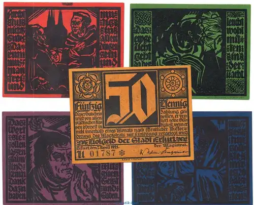 Notgeld Stadt Erfurt 344.3 , Set LUTHER mit 5 Scheinen in kfr. von 1921 , Thüringen Seriennotgeld