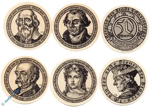 Notgeld Eckartsberga , Set mit 6 Scheinen , Persönlichkeiten , Mehl Grabowski 305.5 , von 1921 , Sachsen Anhalt Serien Notgeld