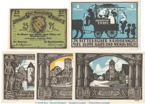 Notgeld Gemeinde Eickel 314.1.a , Set mit 5 Scheinen in kfr. von 1921 , Westfalen Seriennotgeld