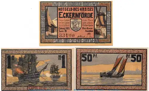 Notgeld Kreis Eckernförde , 306.1-2 Set mit 3 Scheinen in kfr. von 1921 , Schleswig Holstein Seriennotgeld