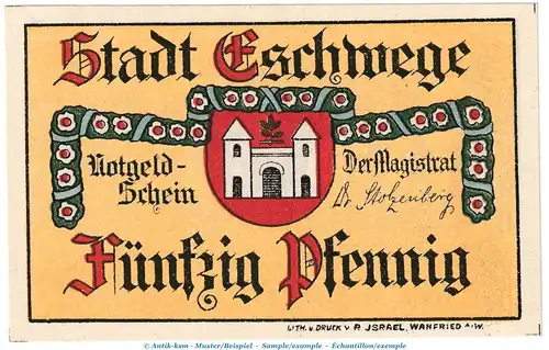 Notgeld Stadt Eschwege 352.1 , 50 Pfennig Schein in kfr. o.D. Hessen Seriennotgeld