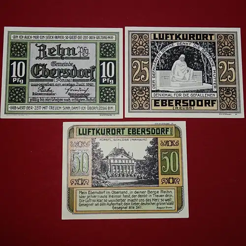 Notgeld Gemeinde Ebersdorf 302.1 , Set mit 3 Scheinen in kfr. von 1921 , Thüringen Seriennotgeld