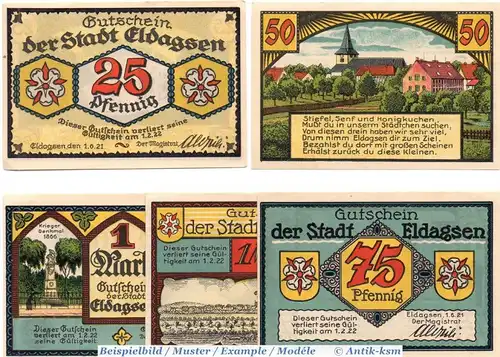 Notgeld Eldagsen , Set mit 5 Scheinen in kfr. Mehl Grabowski 327.1 , von 1921 , Niedersachsen Seriennotgeld