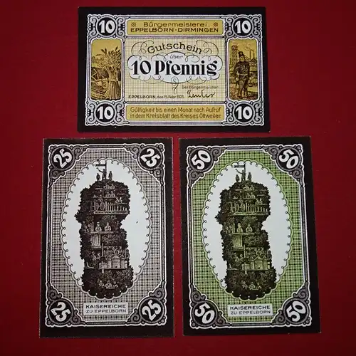 Eppelborn , Notgeld Set mit 3 Scheinen in kfr. M-G 339.1 , Rheinland 1921 Seriennotgeld