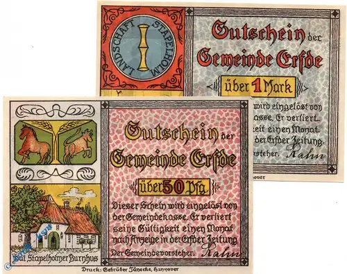 Notgeld Erfde , Set mit 2 Scheinen , Mehl Grabowski 340.1 , Schleswig Holstein Seriennotgeld