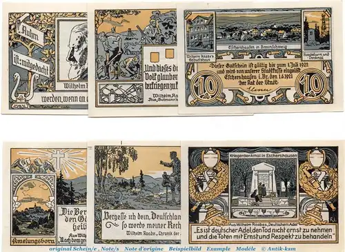 Notgeld Stadt Eschershausen 351.1 , Set mit 6 Scheinen in kfr. von 1921 , Niedersachsen Seriennotgeld